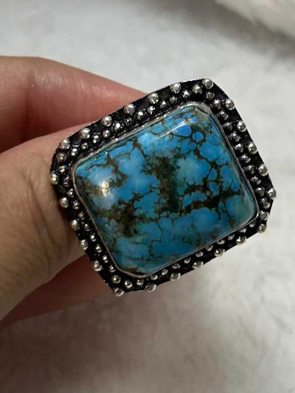Turquoise Statement Ring with 925 Silver Beaded Halo